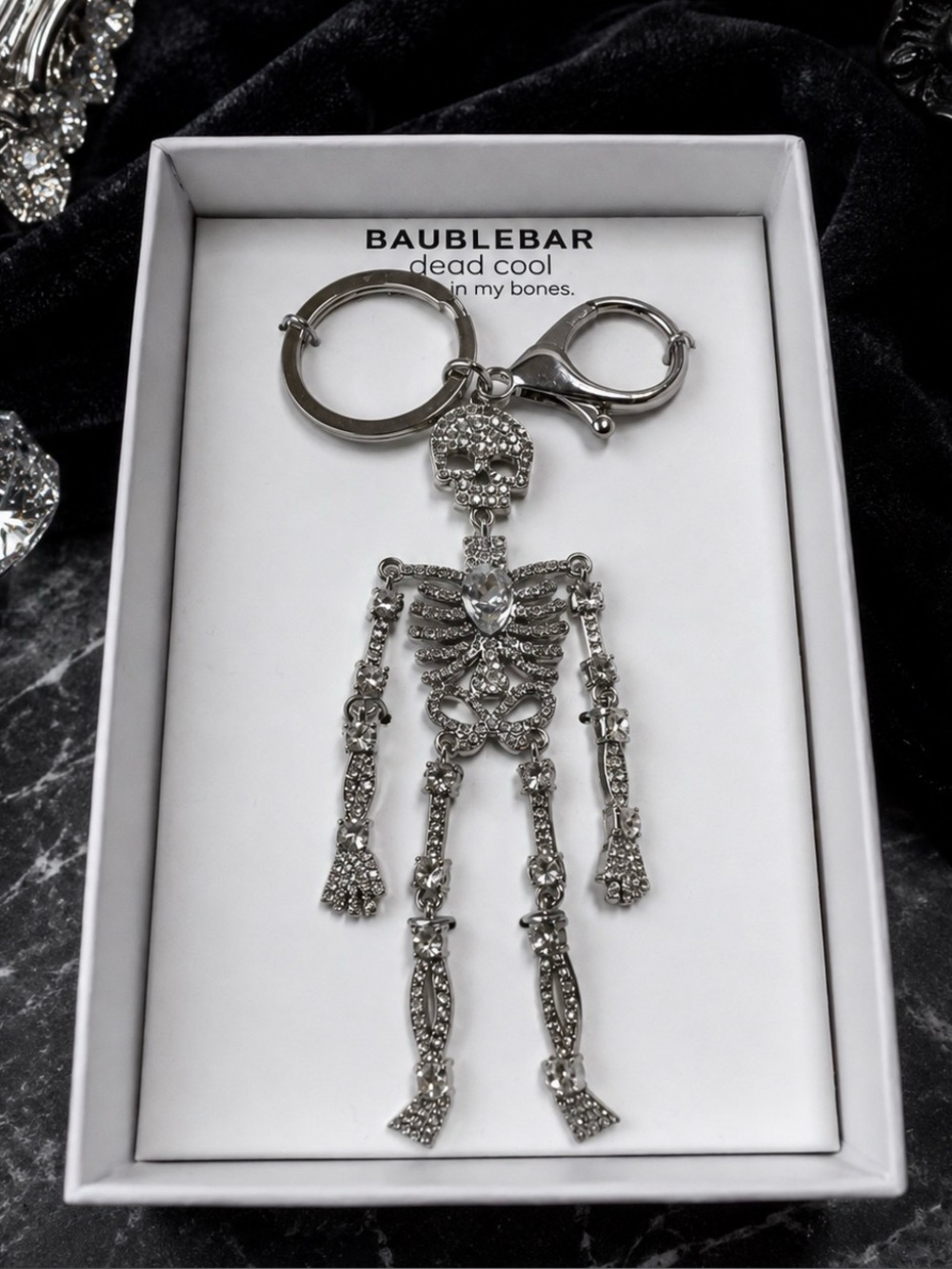 BaubleBar Dead Cool Silver Skeleton Bag Charm Key Chain Crystal Rhinestones